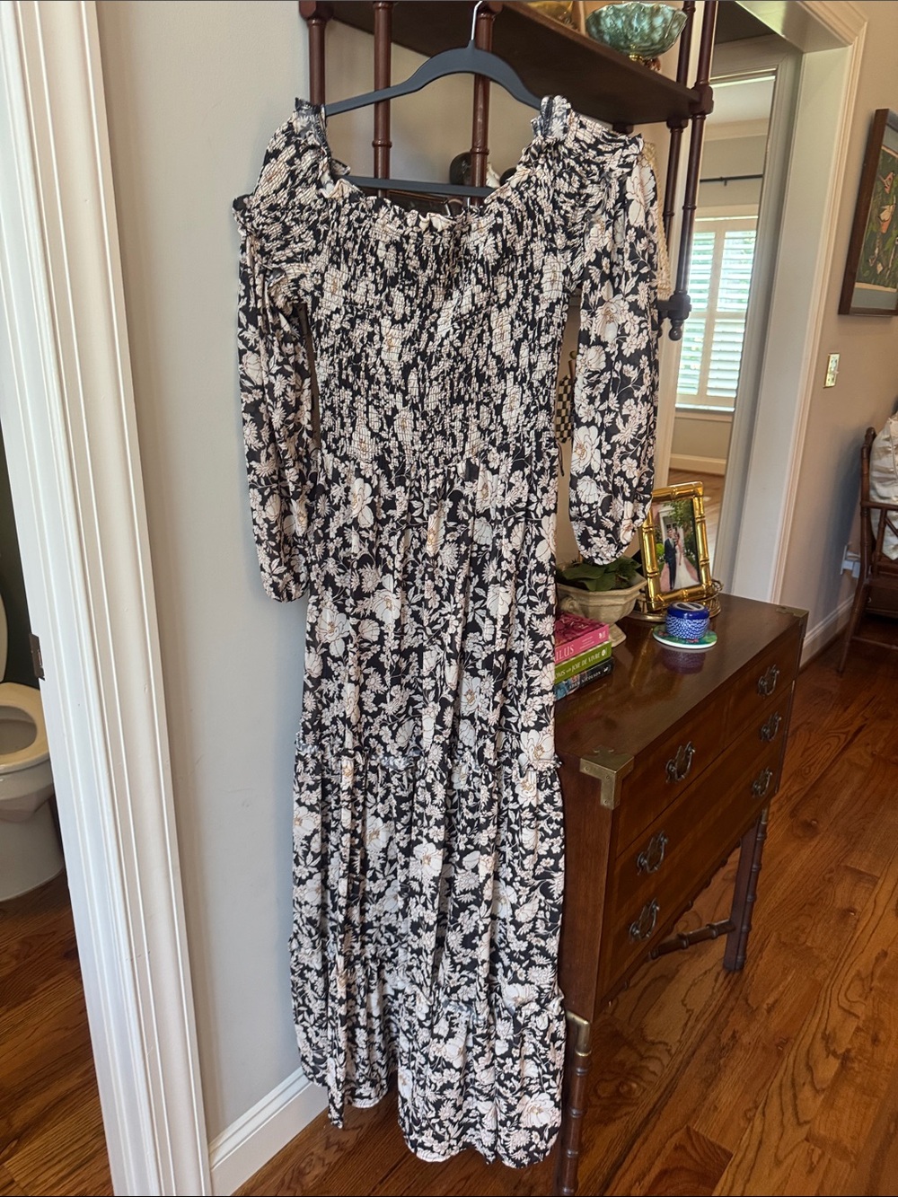 Flying Tomato Black and Cream Floral Off-Shoulder Maxi Dress